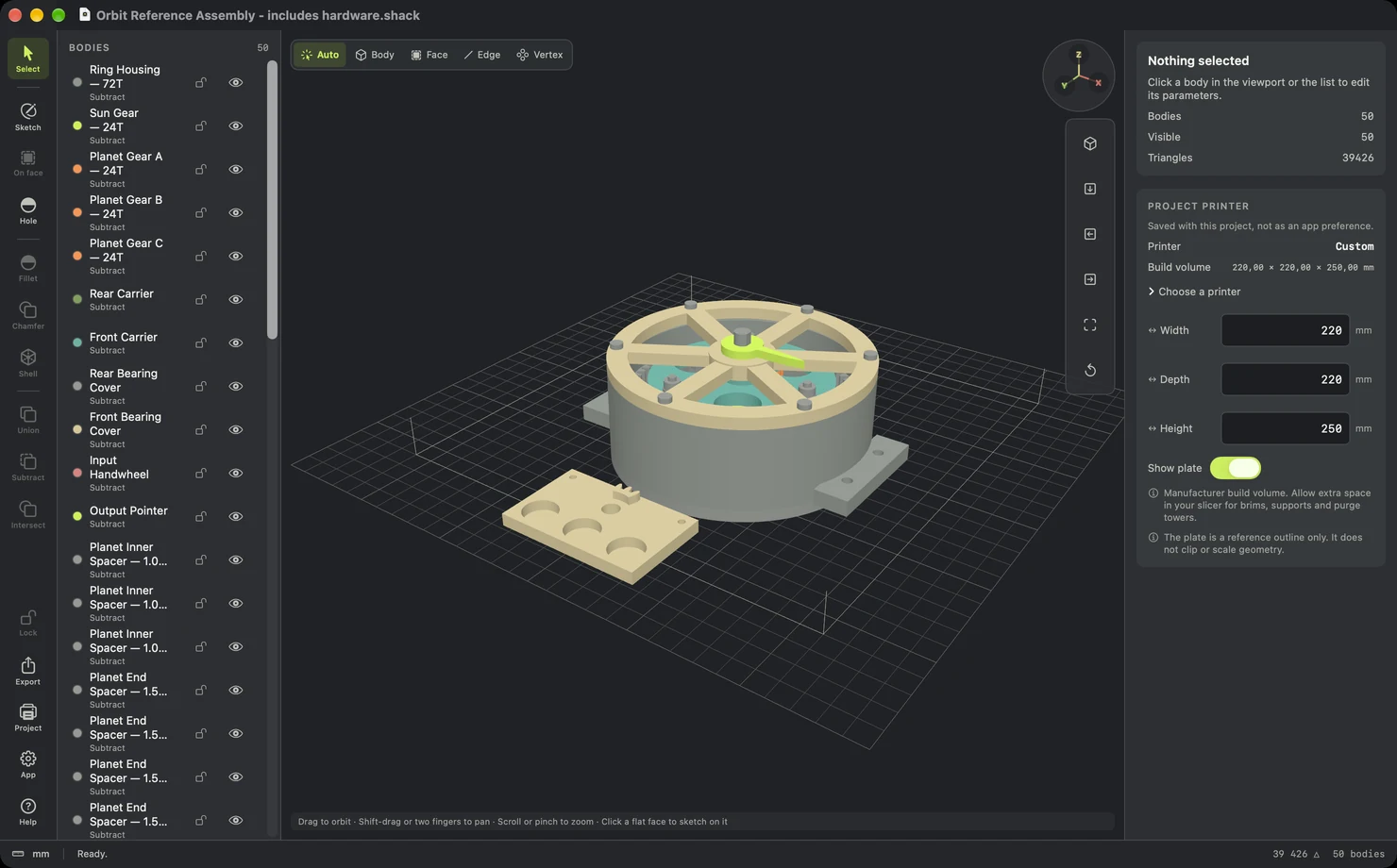 The Shack CAD window with the Orbit gearbox example open: tool rail, body list, 3D viewport and inspector.
